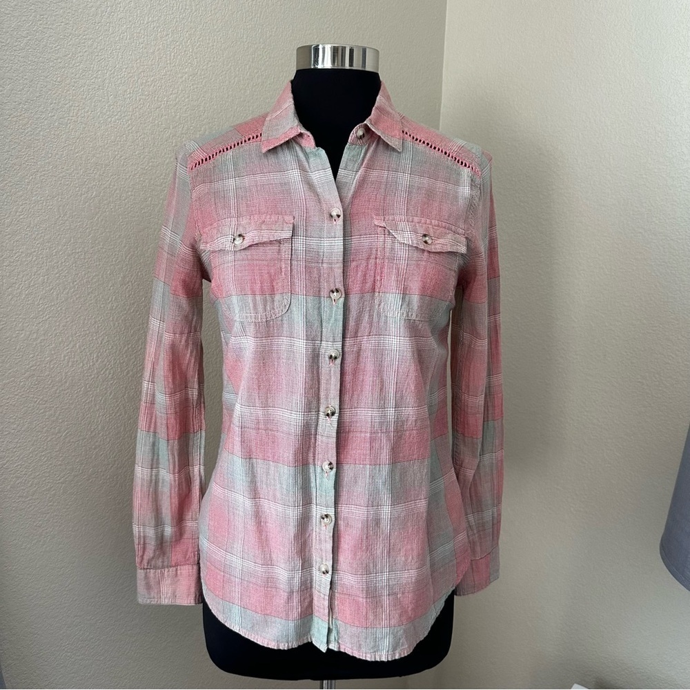 Toad & Co Airbrush Button Up Plaid Red Green Shirt Size S
